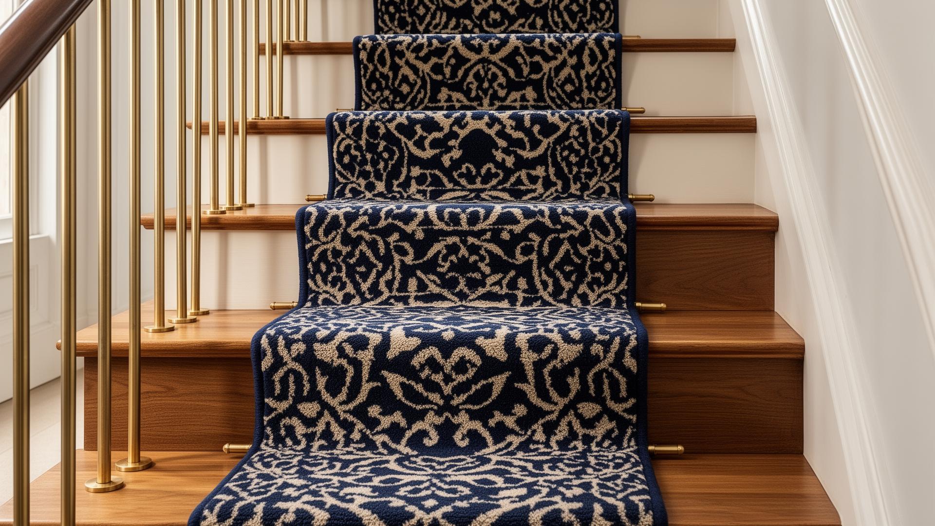 Patterned wool stair runner on an oak staircase with brass rods